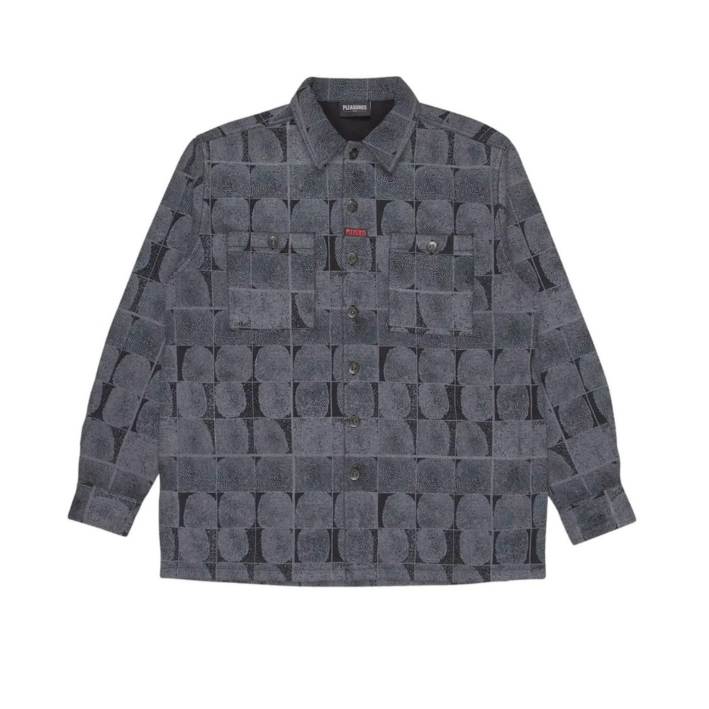 Pleasures Trace Denim Work Shirt Gray Fingerprint Button Front Collared Mens L